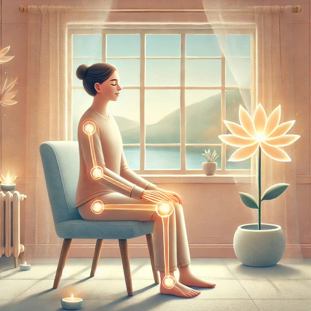 Femme assise de profil dans une position confortable qui lui permet de gérer ses douleurs chroniques