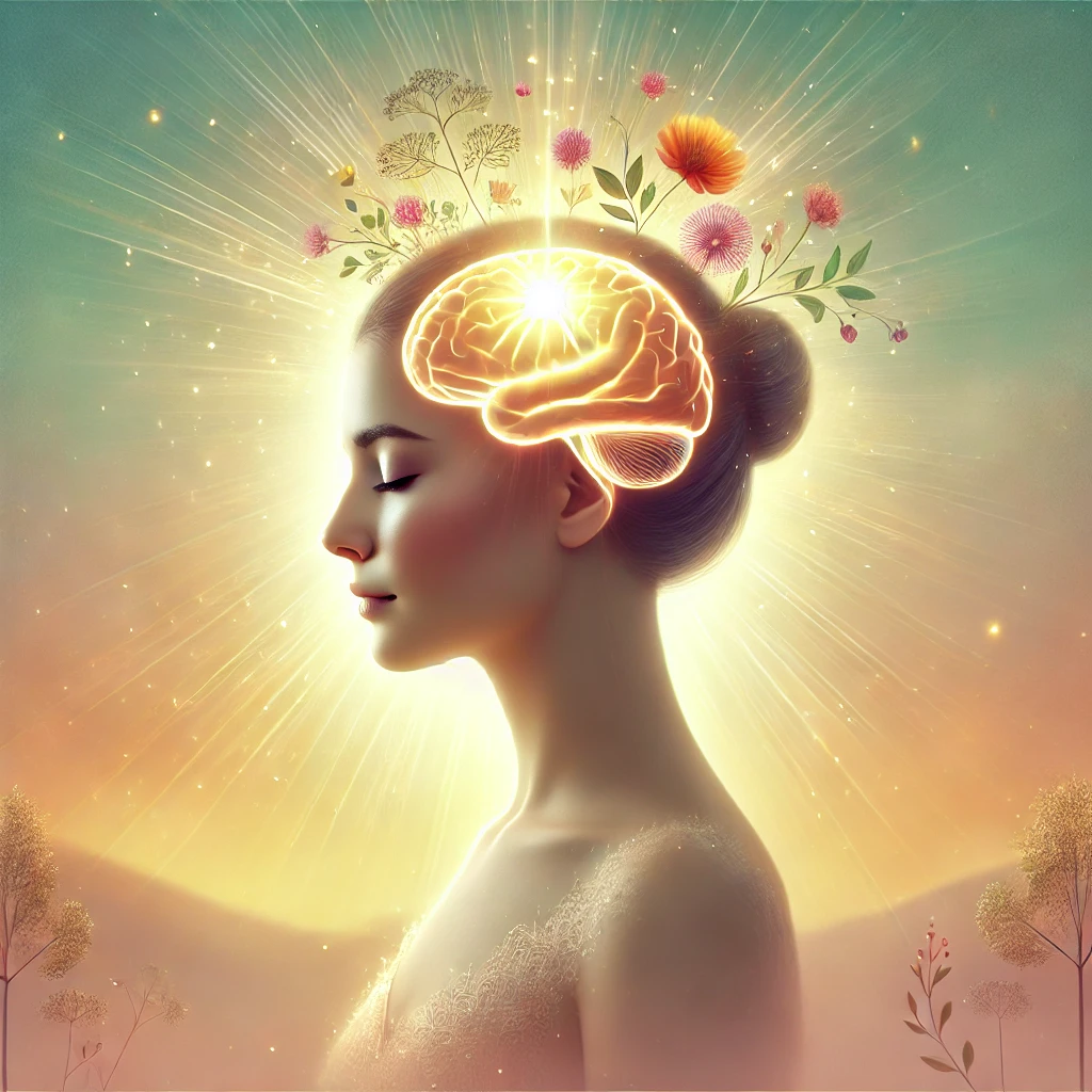 femme de profil , détendue, yeux fermés, cerveau éclairé et lumineux, visualisation positive, gestion stress