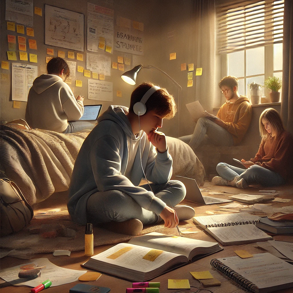 Plusieurs adolescents sont en train de réviser leurs cours dans une chambre pour se préparer à leurs examens