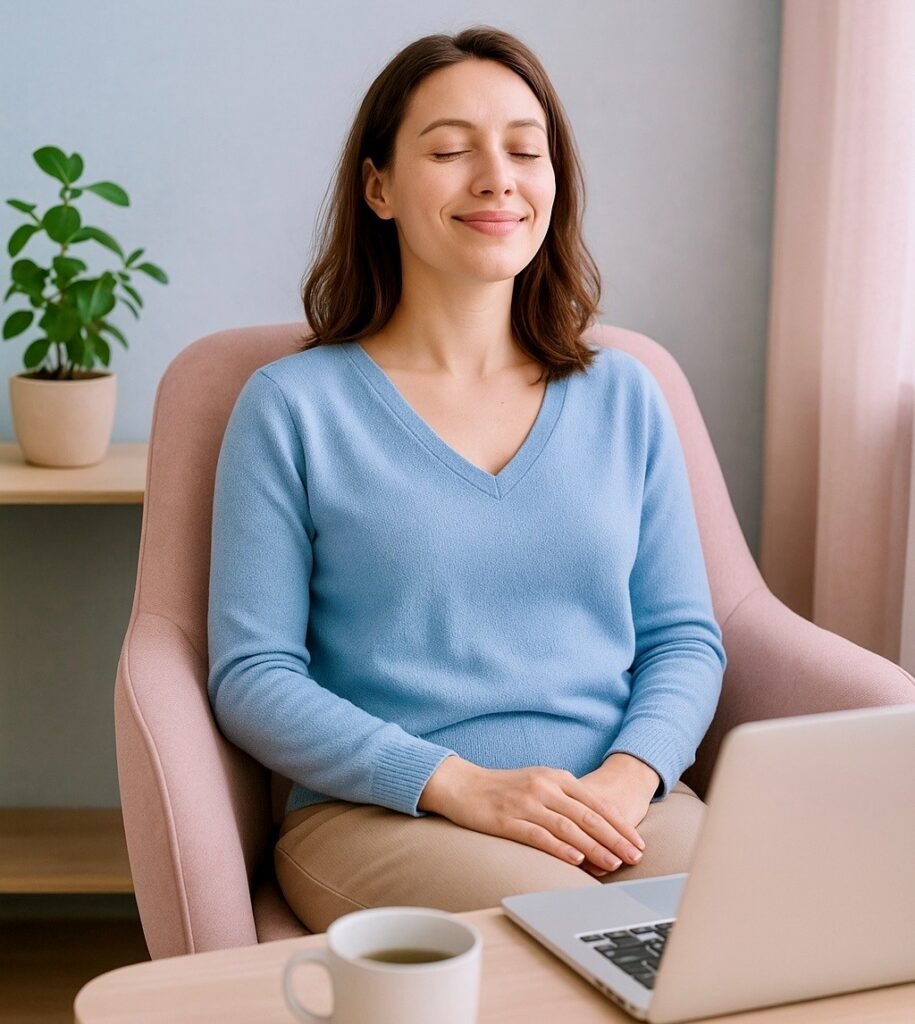 Femme souriante détendue, position assise qui a passé un excellent moment de bien-être