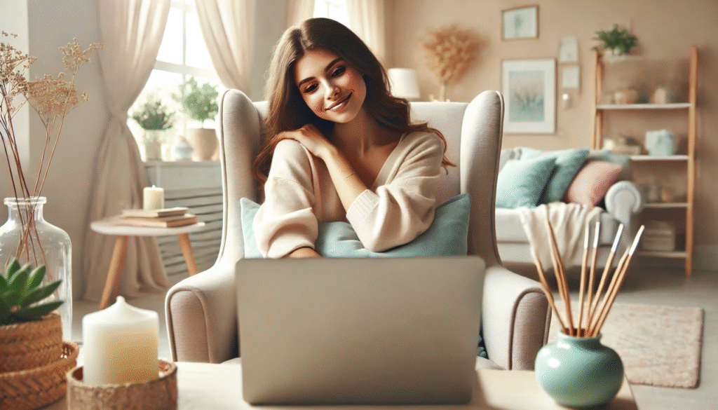 Femme souriante devant son ordinateur en train de pratiquer une séance de Sophrologie en visio
