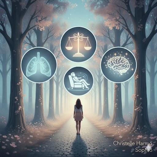 Personne avançant sur un chemin bordelais d’arbres, expliquant le chemin vers le bien-être avec 4 icônes représentant la respiration, une balance en équilibre, un cerveau et la détente dans un fauteuil