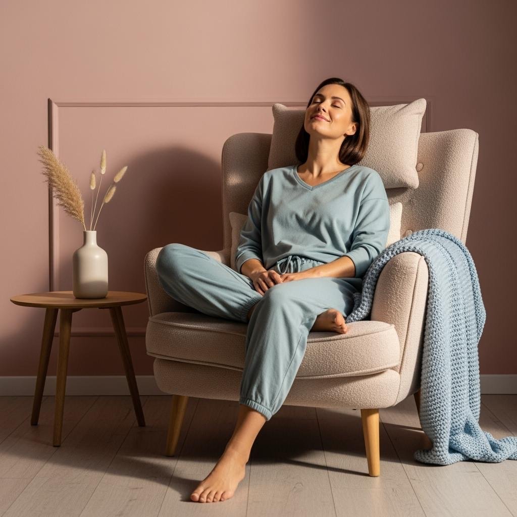 femme souriante en train de se détendre grâce à la Sophrologie dans un fauteuil confortable , ambiance douce et couleurs pastels