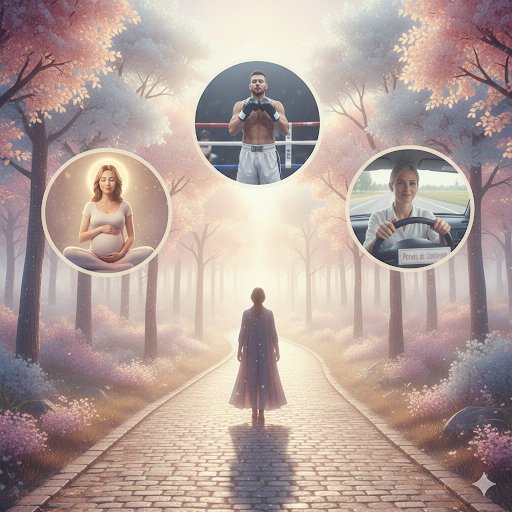 personne qui avance sur son chemin, préparation mentale pour évènements importants, icône de femme enceinte, icône de boxer en compétition, icône de femme passant le permis de conduire